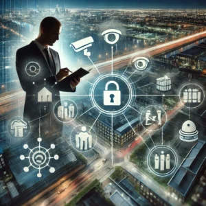 DALL·E 2024-11-29 14.01.56 - A symbolic representation of security risk assessment. The artwork shows a secure urban environment protected by advanced technology like cameras, ala by . 