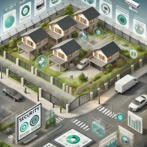 DALL·E 2024-12-04 12.31.36 - A conceptual illustration highlighting security challenges and solutions in residential estates. The image features a residential estate with a mix of by . 