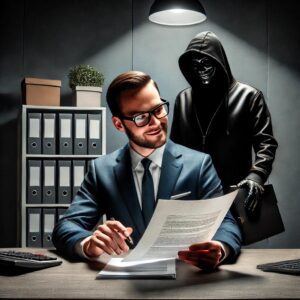 DALL·E 2024-12-10 13.14.38 - A dramatic scene depicting a security provider sitting at a desk, presenting a polished report with a confident but deceptive smile. Behind the provid by . 